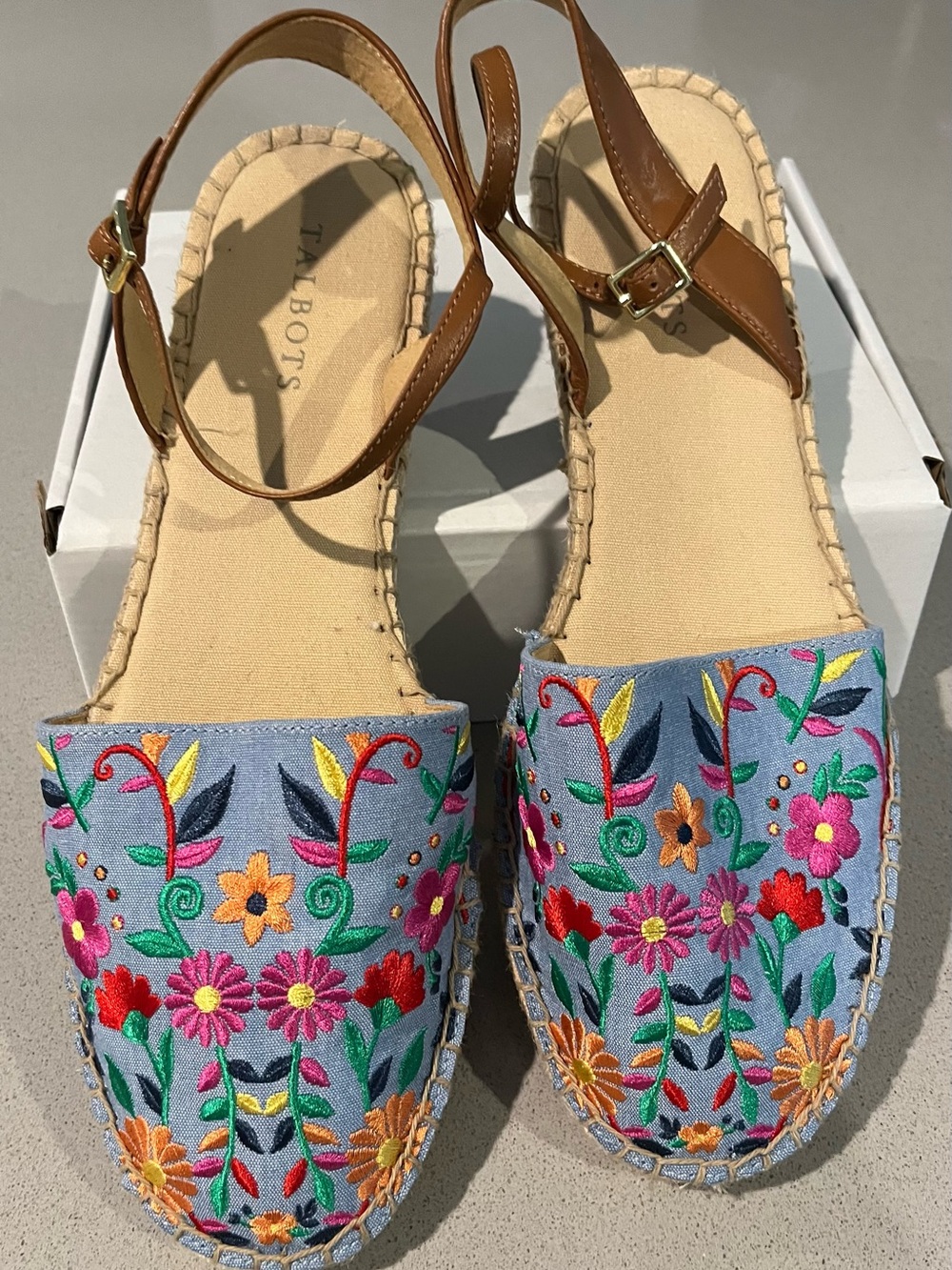 Talbots Light Blue Embroidered Floral Slingback Espadrilles
